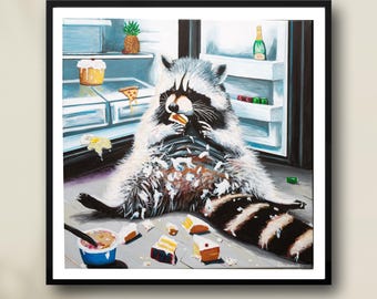 Funny Raccoon Art Print, Kitchen Fridge Raid, Whimsical Foodie Art