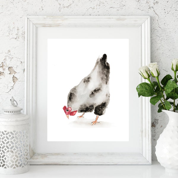 Printable Watercolor Chicken Print, Chicken Watercolor Art Print, Chicken Wall Art, Rustic Art Print, Chicken Decor