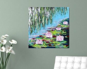 Textured Waterlily Painting, Original Lotus Landscape Art (24"x24")