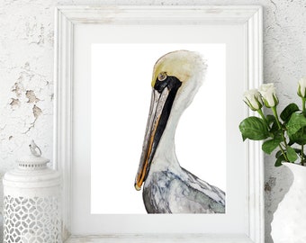 Pelican Watercolor Art Print, Coastal Bird Painting (Digital Download)
