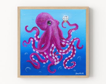 Octopus Print, Octopus Painting, Engagement Gift, Bride To Be Gift, Kraken Art Print, Octopus Funny Print, Whimsical Octopus
