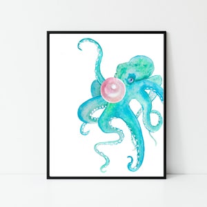 Watercolor Octopus, Octopus Art, Octopus Decor, Octopus Art Print, Octopus Blowing Bubble