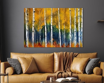 Birch Tree Art Print, Large Birch Tree Canvas, Nature Art Print, Autumn Trees, Mixed Media Tree Painting, Fall Art, Birch Tree Painting