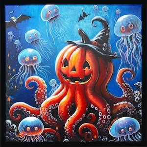Octopus Painting, Halloween Art, Pumpkin Art, Jellyfish Art, Halloween Painting, Original Art