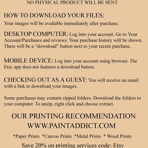 May include: A tan-colored digital download graphic with instructions for downloading files after purchase. The text includes information on downloading on desktop and mobile devices, and checking out as a guest. The image also recommends printing services at www.paintaddict.com.