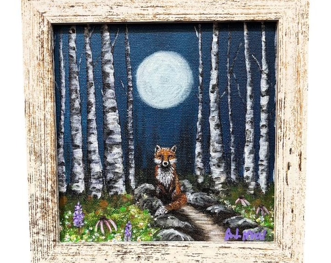 Framed Fox Acrylic Painting, Woodland Cabin Decor (7x7)