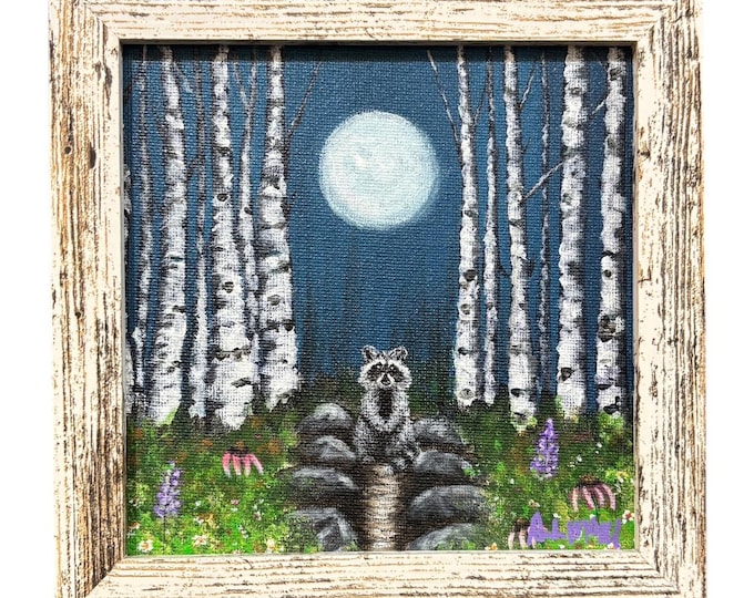 Framed Racoon Acrylic Painting, Woodland Cabin Decor (7x7)