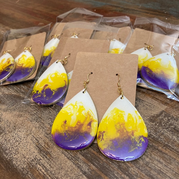 Minnesota Vikings Earrings, Hand Painted Earrings, Epoxy Earrings, Large Teardrop Earrings, Yellow and Purple Earrings, LSU Earrings