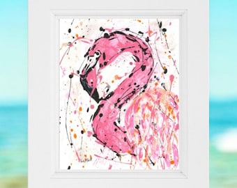 Watercolor Flamingo Print, Tropical Bird Wall Art, Beach Decor