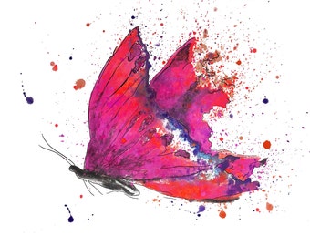 Aquarelle Papillon Imprimable, Impression d’Art Papillon Rose sur papier ou toile, Papillon Aquarelle Rose