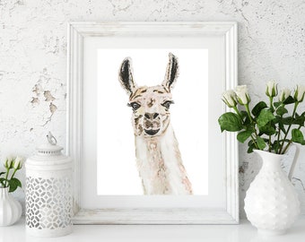 Watercolor Llama Art Print, Nursery Animal Portrait (Digital Download)