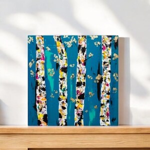 May include: Abstract painting of a forest scene with white birch trees on a teal blue background. The trees are painted with colorful details and gold accents.