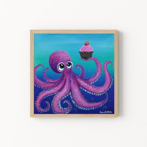 Octopus Print, Octopus Painting, Valentine&#39;s Day Octopus Print, Kraken Art Print, Octopus Tentacles, Whimsical Octopus Cupcake Painting