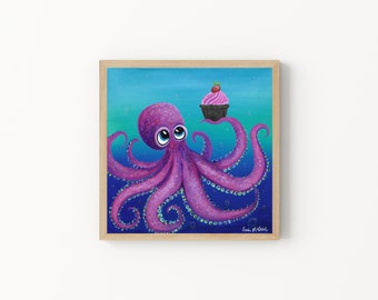 Octopus Print, Octopus Painting, Valentine's Day Octopus Print, Kraken Art Print, Octopus Tentacles, Whimsical Octopus Cupcake Painting