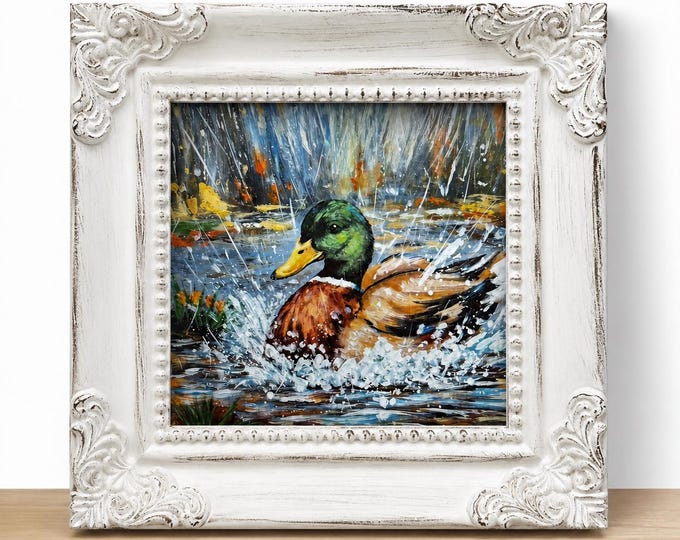 Small Framed Mallard Duck Print "Swimming In The Rain"