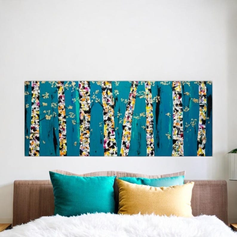 May include: Abstract painting of a forest with white birch trees against a teal blue background. The trees are painted with white, yellow, and pink accents.