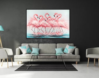 May include: A rectangular wall art print featuring a group of pink flamingos standing in shallow water. The painting uses thick, textured brushstrokes to depict the birds with long necks and legs against a light background.