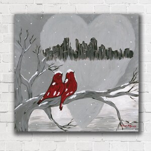 Minneapolis Minnesota Art, Minneapolis Skyline Art Print, Red Birds in the Snow, Love Birds, Minneapolis Minnesota, Winter Painting
