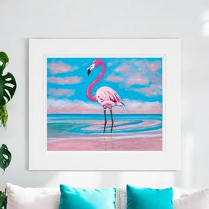 Flamingo Art Print, Flamingo Print, Flamingo Painting, Flamingo Decor, Beach Decor, Pink Flamingo on Beach