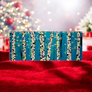 May include: Abstract painting of a birch tree forest with white bark and teal green background. The painting has a textured look with gold and white accents.