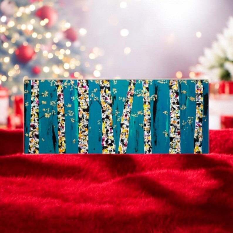 May include: Abstract painting of a birch tree forest with white bark and teal green background. The painting has a textured look with gold and white accents.