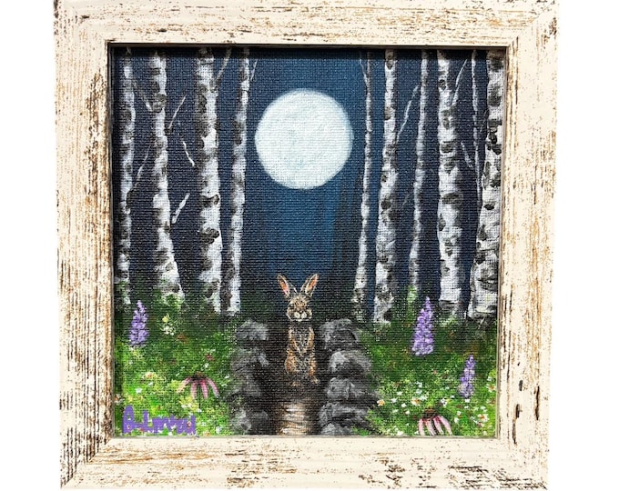 Framed Rabbit Acrylic Painting, Woodland Cabin Decor (7x7)