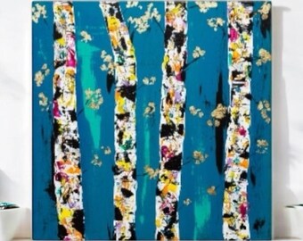 Colorful Birch Tree Canvas Print, Abstract Landscape Art