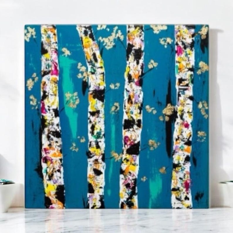 May include: Abstract painting of a forest scene with white birch trees against a teal blue background. The trees are painted with white, black, and colorful accents.