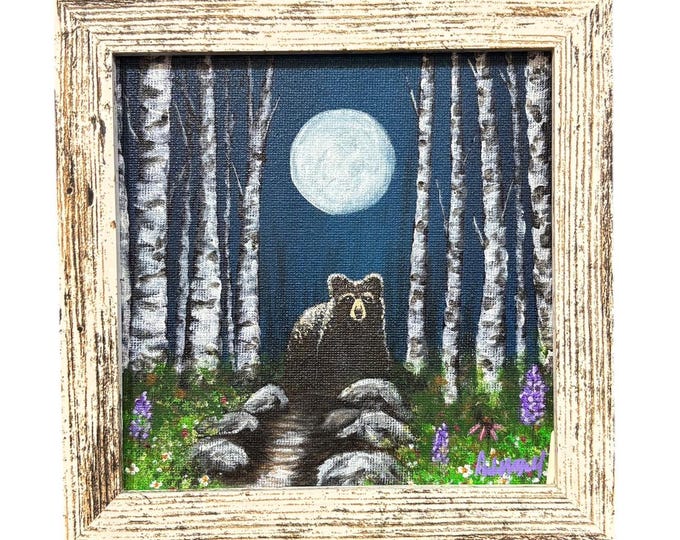 Framed Bear Acrylic Painting, Woodland Cabin Decor (7x7)