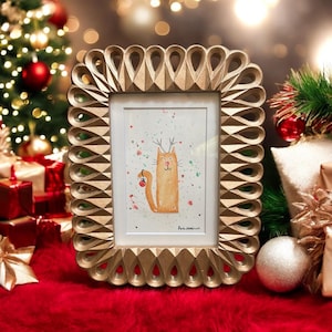 Orange Cat Christmas Painting Framed, Whimsical Cat Art, Framed Cat Watercolor Christmas Painting