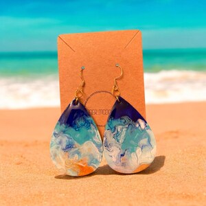 Hand Painted Beach Earrings, Epoxy Earrings, Large Teardrop Earrings, Ocean Earrings, Resin Beach Earrings, Hand Painted Earrings