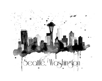 Seattle Skyline Watercolor Art Print – Washington Cityscape Canvas