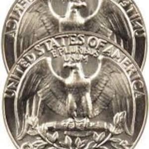 May include: Two silver quarter dollar coins are stacked. The coins feature a bald eagle with outstretched wings, a symbol of the United States. The text "United States of America" and "Quarter Dollar" are visible.
