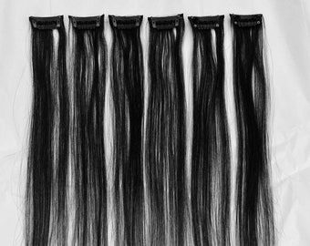 16” Black 100% Human Hair Color #1 Clip In Extensions for Highlights Thickness 6 Piece Set Wig Hair Extensions Jet Black Ready to Wear