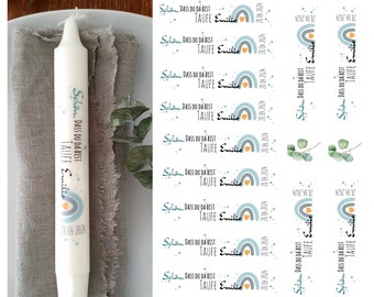 Personalized candle stickers "It's great that you're here" with rainbow and your baptism details, in shades of blue as a guest gift