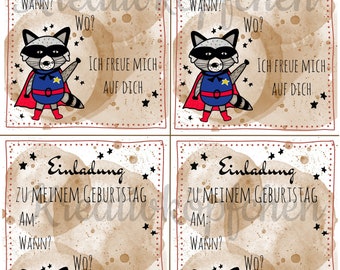 Great PDF file for invitation cards for children's birthdays with little superhero as digital download in A4, great craft template