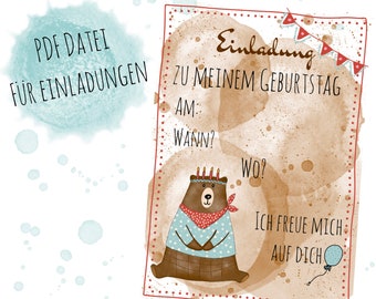 Zauberhafte PDF Datei für Einladungskarten zum Kindergeburtstag mit süssem Bärenmotiv als digitaler Download in A4, tolle Bastelvorlage