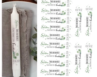 Personalized candle stickers "It's nice that you're here" with eucalyptus branch, your dates for baptism, confirmation, communion as a guest gift
