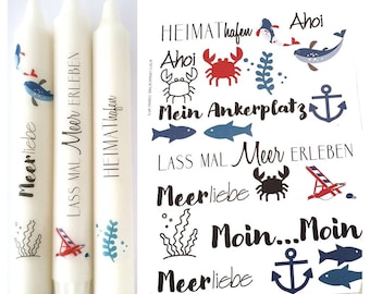 Kerzen Sticker, maritim, Meer, Kerzentattoo, Wasserschiebefolie, Kerzen verzieren, mit Sprüchen