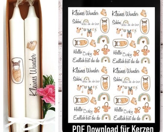 Great PDF file for candles with magical baby motifs, gift for birth and baptism as a digital download in A4