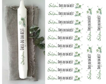 Candle sticker "It's nice that you're here" with eucalyptus branch as a guest gift for baptism, wedding, confirmation, communion or table decoration