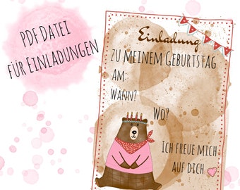 Tolle PDF Datei für Einladungskarten zum Kindergeburtstag mit süßem Bärenmotiv als digitaler Download in A4, tolle Bastelvorlage