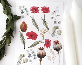 NEW candle sticker "leaves and red poppies", water slide film for candles, candle tattoo, A6