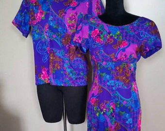 60's Waltah Clarke Hawaiian Maxi Dress w/ Waterfall Back Multi color and Floral