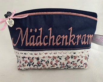 Kosmetiktasche Blumen "Mädchenkram" rosa / blau