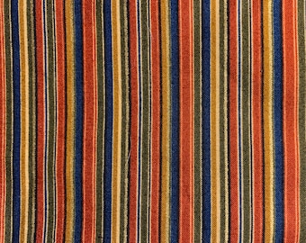 Stripe window valance, navy blue, green, burnt orange/brick red, gold, tan valance