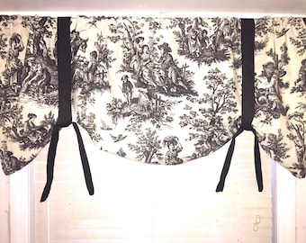 Window valance, tie up valance, toile window valance, waverly fabric, black and off white color