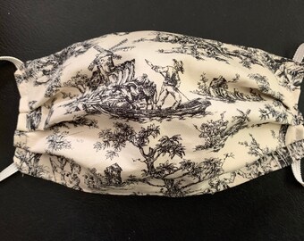 Washable face mask, toile face mask, cream color back ground with black print