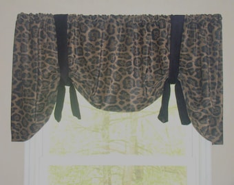 Window Valance, Tie Up Valance, Animal Print, Black and Brown, Leopard Print Valance
