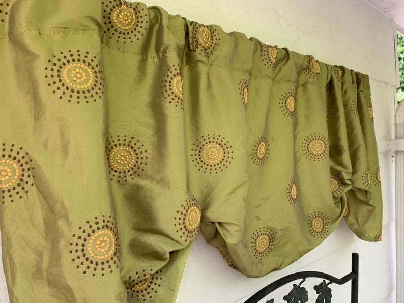 green and brown and yellow embroidered circles Olive green window valance